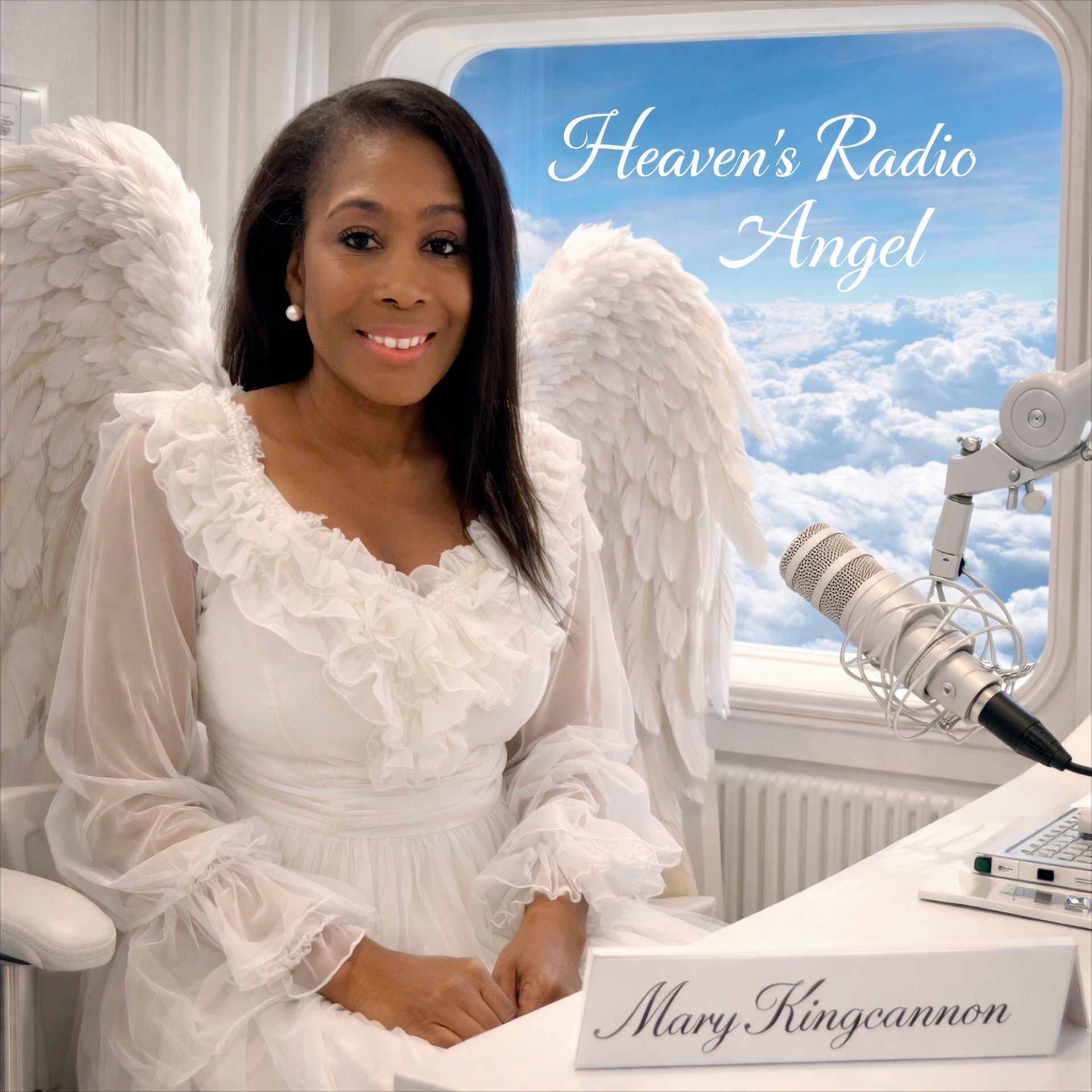 Mary Kingcannon as Heaven's Radio Angel, dressed in white with angel wings beside a broadcast microphone