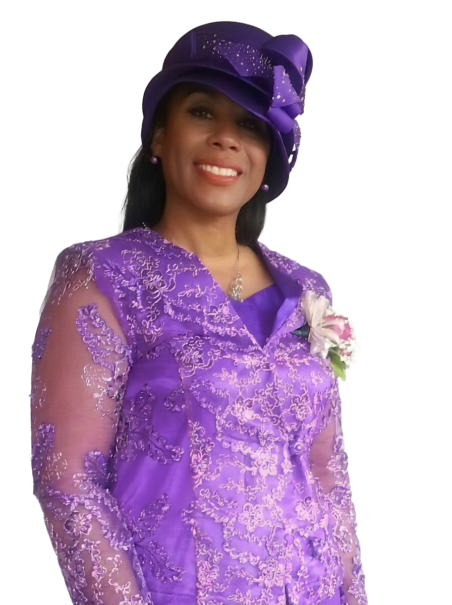 First Lady Mary Kingcannon in a royal purple lace suit and matching hat
